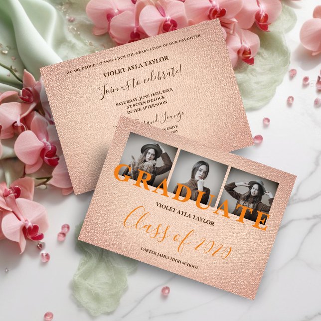 Rustic Coral Fabric Effect 3 Multi Photos Grad (Rustic Coral Fabric Effect 3 Multi Photos Graduation Invitation Card. )