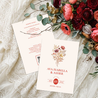 Rustic Coral Floral Bouquet Wedding QR Code TLW26 Invitation