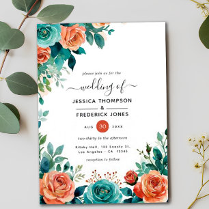 Rustic Coral Floral Tropical Teal Wedding Invitation