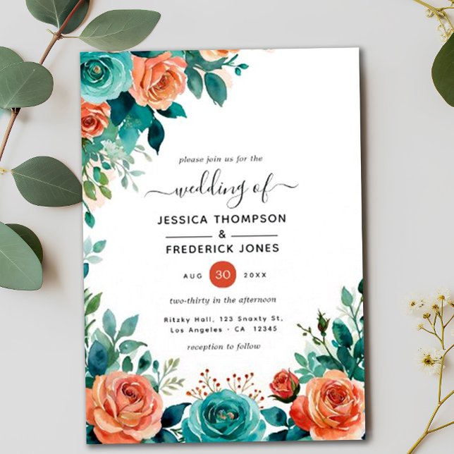 Rustic Coral Floral Tropical Teal Wedding Invitation (Creator Uploaded)