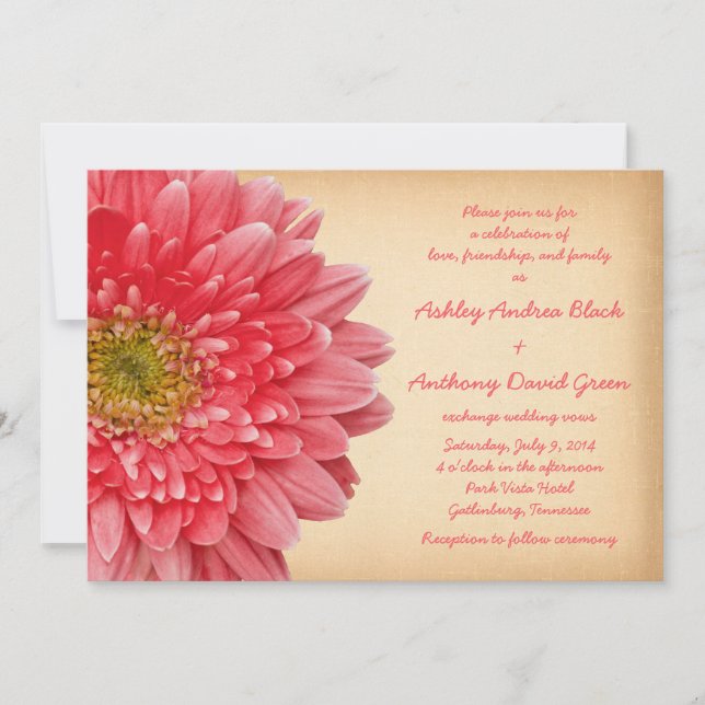 Rustic Coral Gerbera Daisy Wedding Invitation (Front)