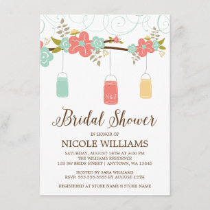Rustic Coral Mint Mason Jar Branch Bridal Shower Invitation