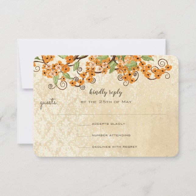 Rustic Coral Orange Spring Blossom Wedding RSVP Card (Front)