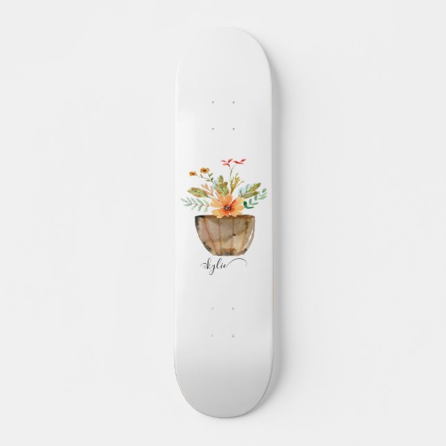 Rustic Coral Painted Flowers Skateboard (Front)