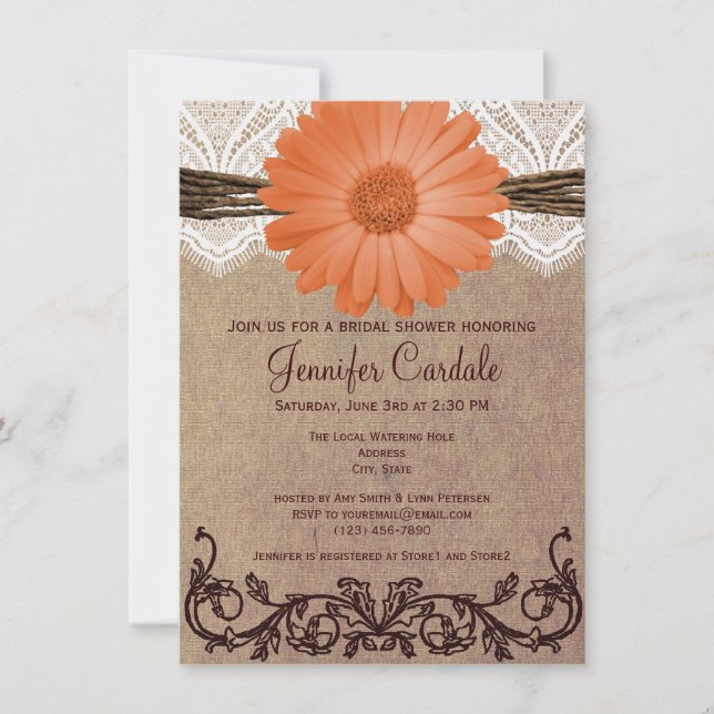 Rustic Coral Peach Flower Bridal Shower Invitation (Front)