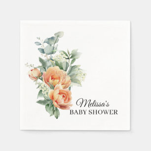 Rustic Coral Peach Flower Greenery Paper Napkin