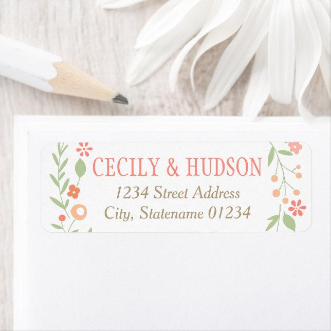 Rustic Coral Pink and Green Floral Wedding Return Address Label (Insitu)