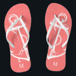 Rustic Coral Vintage Anchor Monogram Thongs<br><div class="desc">Custom printed flip flop sandals with a rustic nautical vintage anchor illustration and your custom monogram or other text. Click Customise It to change text fonts and colours or add your own images to create a unique one of a kind design!</div>