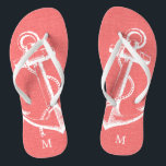Rustic Coral Vintage Anchor Monogram Thongs<br><div class="desc">Custom printed flip flop sandals with a rustic nautical vintage anchor illustration and your custom monogram or other text. Click Customise It to change text fonts and colours or add your own images to create a unique one of a kind design!</div>