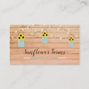 Rustic Coral Wood Lights & Mason Jar Sunflowers Business Card