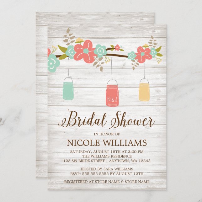 Rustic Coral Wood Mason Jar Branch Bridal Shower Invitation (Front/Back)