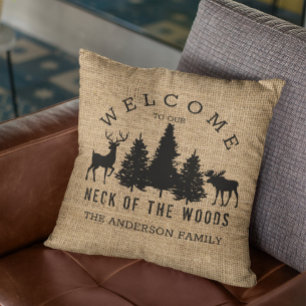 Rustic Cosy Cabin Welcome Family Name Throw Pillow