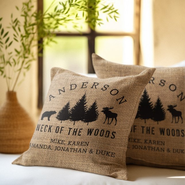 Rustic Cosy Cabin Welcome Family Name Throw Pillow (Creator Uploaded)