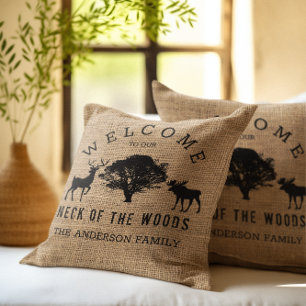 Rustic Cosy Cabin Welcome Family Name Throw Pillow