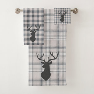 Rustic Cosy Farmhouse Plaid Buck Silhouette Bath T Bath Towel Set