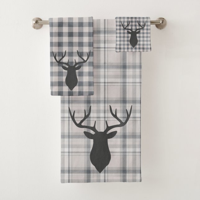 Rustic Cosy Farmhouse Plaid Buck Silhouette Bath T Bath Towel Set (Insitu)