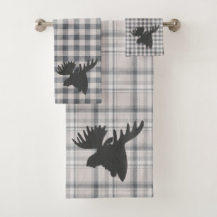 Rustic Cosy Farmhouse Plaid Moose Silhouette  Bath Bath Towel Set