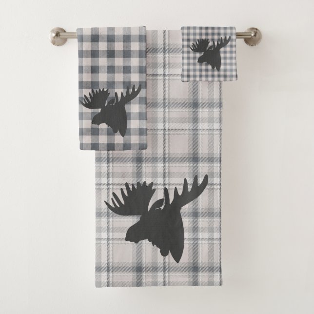 Rustic Cosy Farmhouse Plaid Moose Silhouette  Bath Towel Set (Insitu)