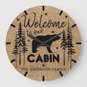 Rustic Cosy Welcome to our Cabin Family Name  Large Clock