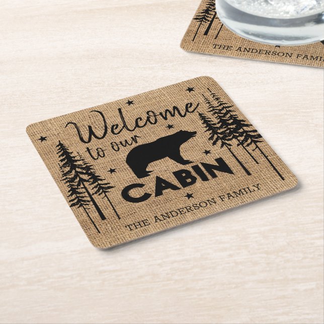 Rustic Cosy Welcome to our Cabin Family Name Square Paper Coaster (Angled)