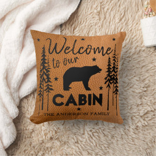 Rustic Cosy Welcome to our Cabin Faux Leather Cushion