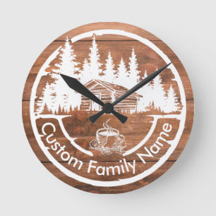 Rustic Cottage Cabin Barn   Custom Family Name Round Clock