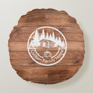 Rustic Cottage Cabin Barn Custom Family Name Round Cushion