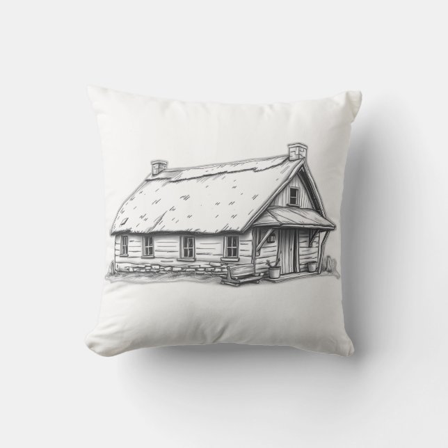 Rustic Cottage Charcoal Sketch Cushion (Front)
