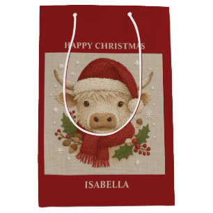 Rustic cottagecore Highland Cow with Santa Hat Medium Gift Bag