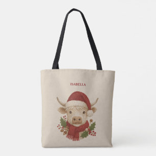 Rustic cottagecore Highland Cow with Santa Hat Tote Bag