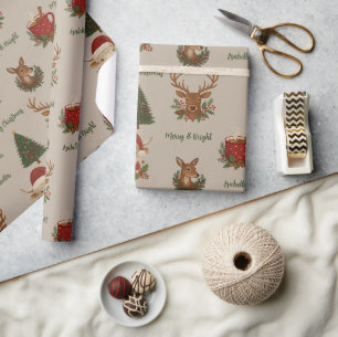 rustic cottagecore merry christmas animals & cocoa wrapping paper