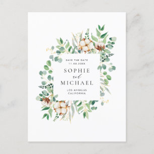 Rustic Cotton and Eucalyptus Frame Save the Date Postcard