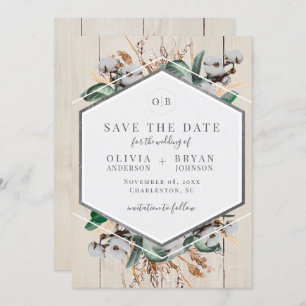 Rustic Cotton and Greenery Save the Date Invitation