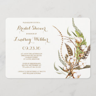 Rustic Cotton Floral Feather Bridal Shower Invitation