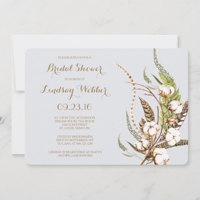 Rustic Cotton Floral Feather Bridal Shower Invitation (Front)