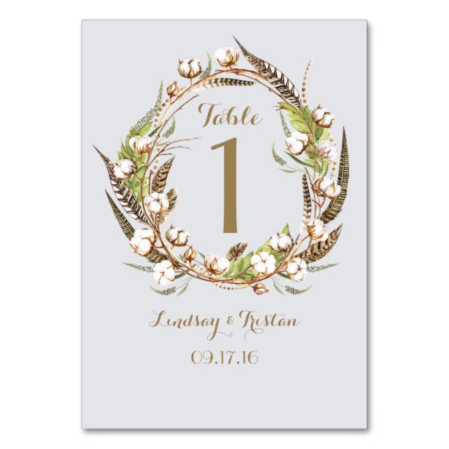 Rustic Cotton Floral Feather Wedding Table Number (Front)