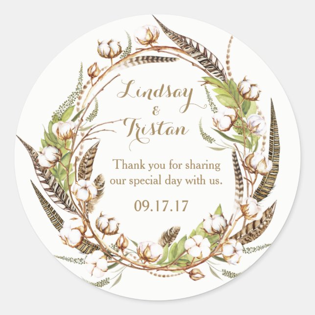 Rustic Cotton Floral Wedding Classic Round Sticker (Front)