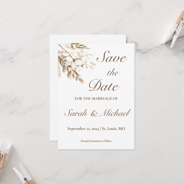 Rustic Cotton Pampas Save the Date Card (Front/Back In Situ)