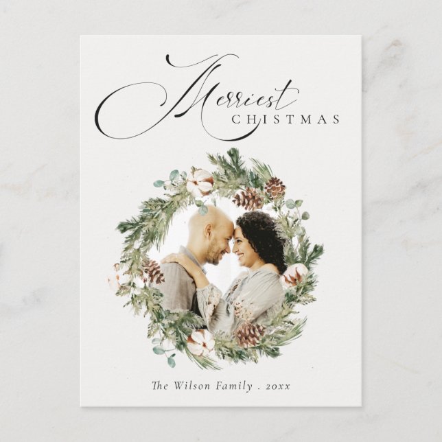 Rustic Cotton Pine Cone Christmas Photo Wreath  Postcard (Front)