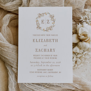 Rustic Cotton Wreath Monogram Wedding Invitation