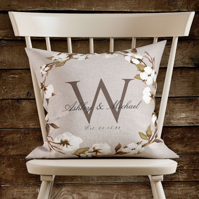 Rustic Cotton Wreath Monogram Wedding Keepsake Cushion (Creator Uploaded)