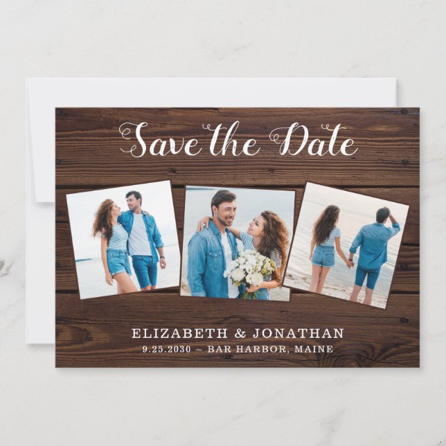 Rustic Country 3 Photo Simple Wood Wedding Save The Date (Front)