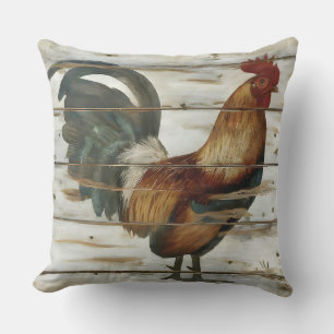 Rustic Country and farm Rooster on weathered wood Cushion