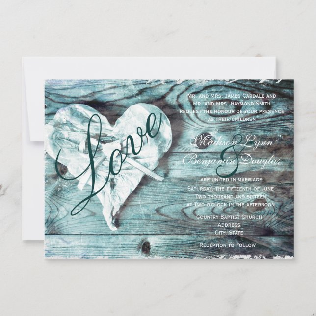 Rustic Country Aqua Wood Love Heart Wedding Invite (Front)