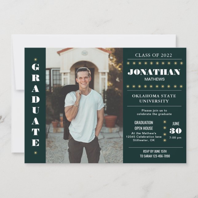 Rustic Country Army Green Gold Photo Graduation Invitation (Front)