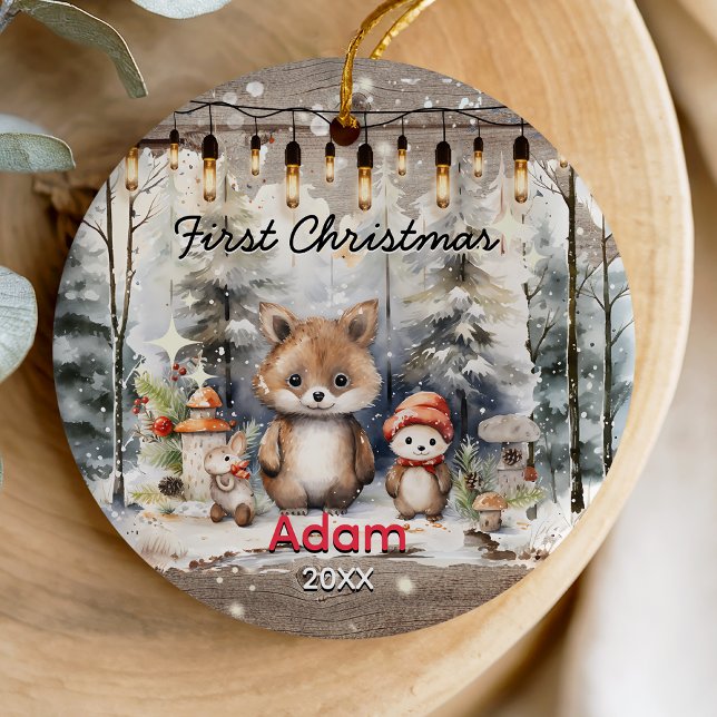 Rustic country baby first Christmas baby bear Ceramic Ornament (Creator Uploaded)