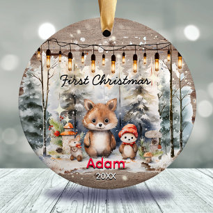 Rustic country baby first Christmas baby bear Ceramic Ornament