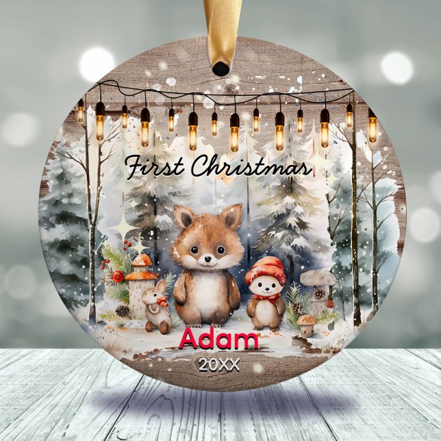 Rustic country baby first Christmas baby bear Ceramic Ornament (Creator Uploaded)