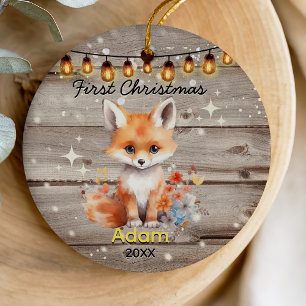 Rustic country baby first Christmas fox Ceramic Ornament