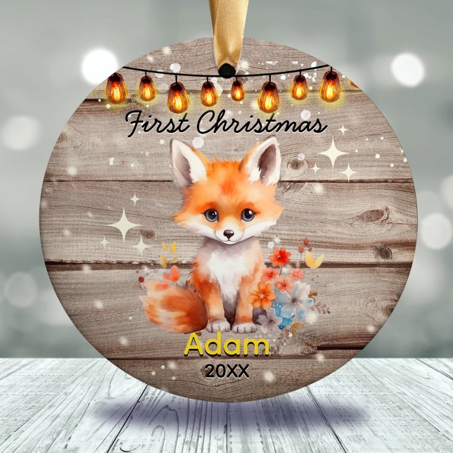 Rustic country baby first Christmas fox Ceramic Ornament (Creator Uploaded)